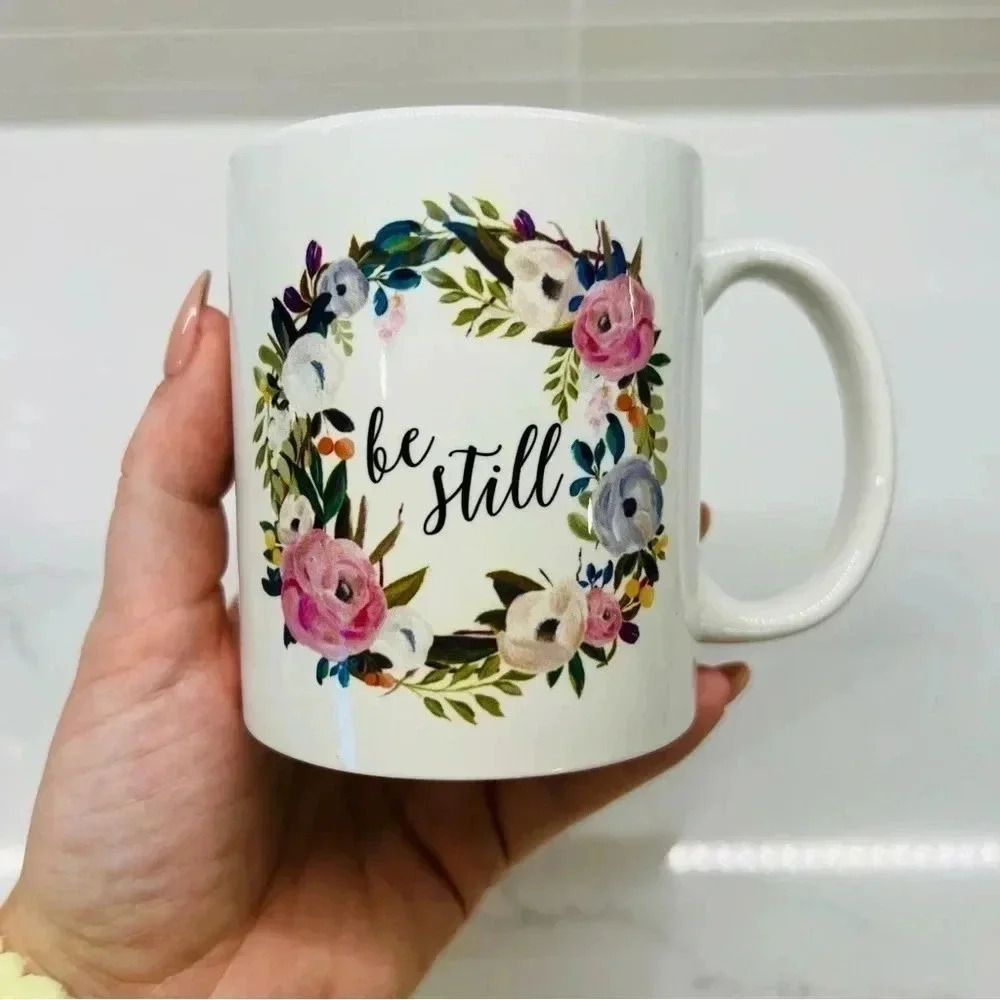 Unbranded Be Still‎ Floral Wreath Coffee Mug Unisex Medium White